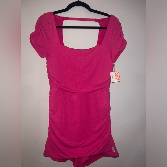 FP Movement by Free People Other - NWT Free People Movement Pink Romper Rouched Bodysuit Size L